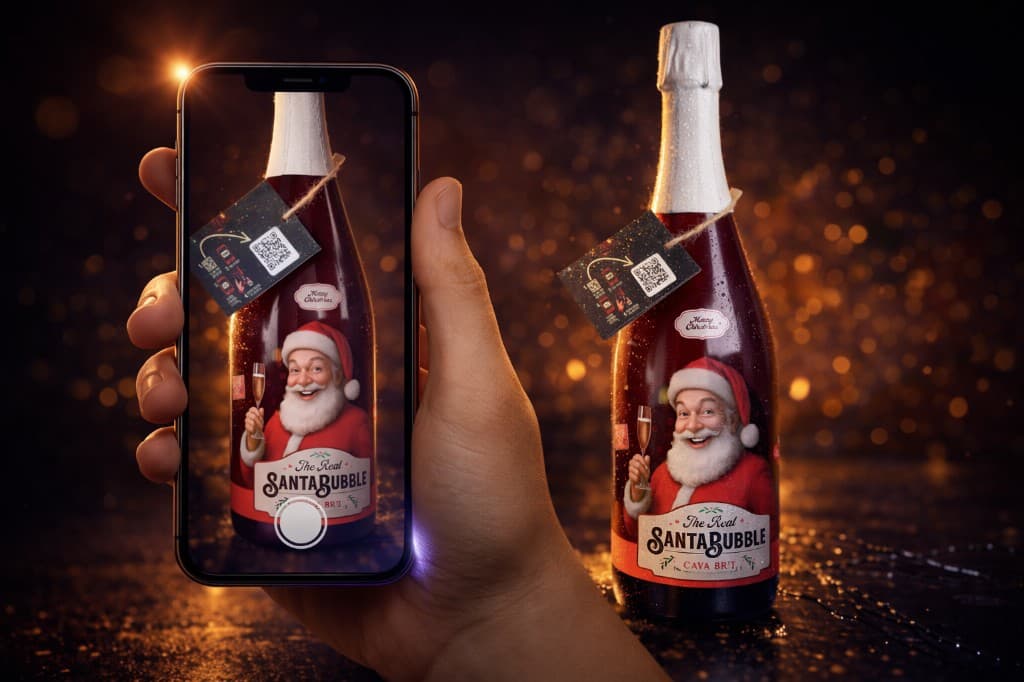 Santa Bubbels fles met scan-instructies en QR op het fleskaartje