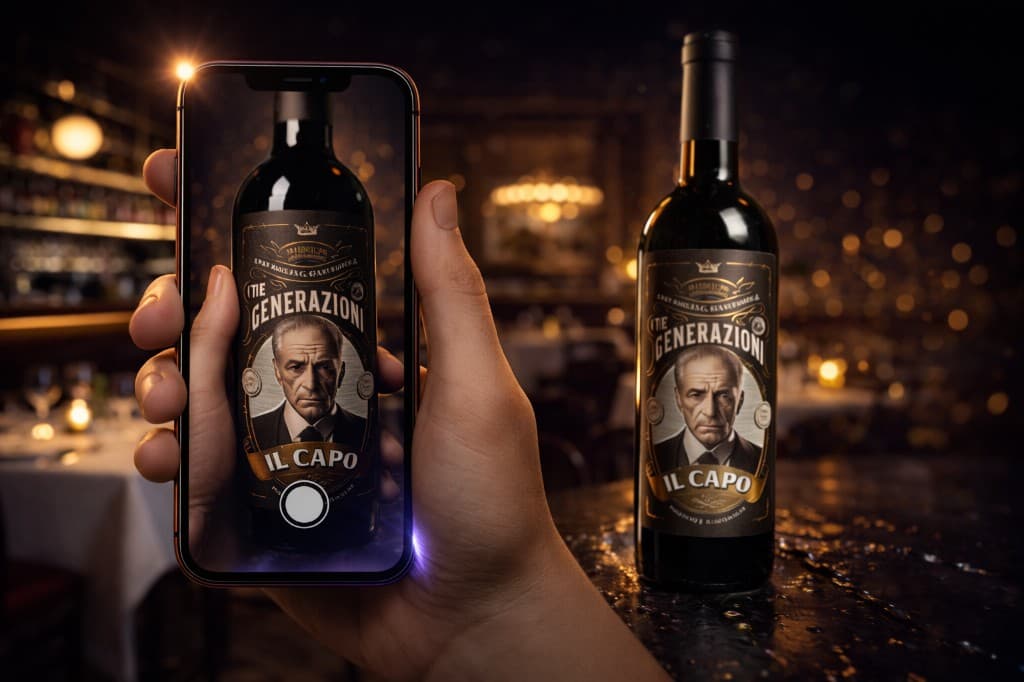 Tre Generazioni fles met AR-karakter Il Capo actief op telefoon