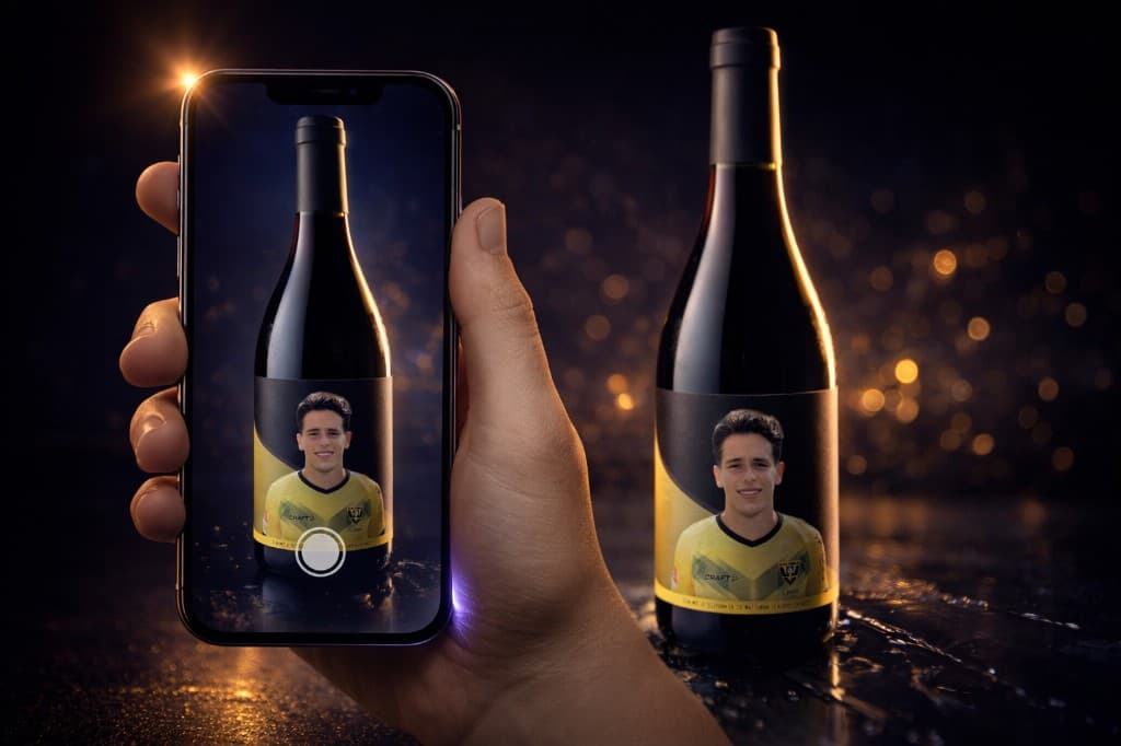 VVV-Venlo wijnfles met gepersonaliseerd etiket in camerabeeld